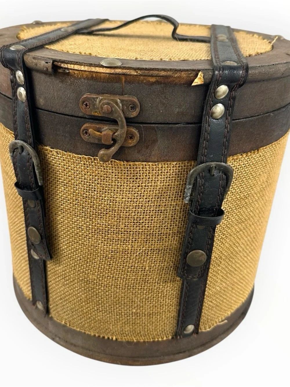 Rustic Round Wood Burlap Storage Box Vintage Style Home Decor 10.5”